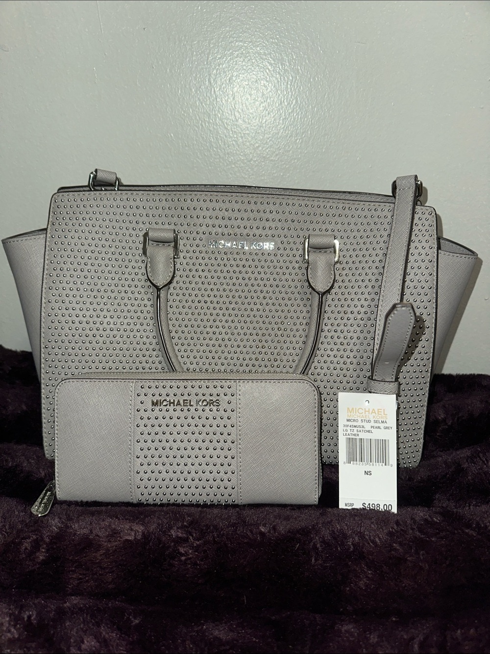Michael Kors Light Gray Perforated Saffiano Tote with Matching Wallet